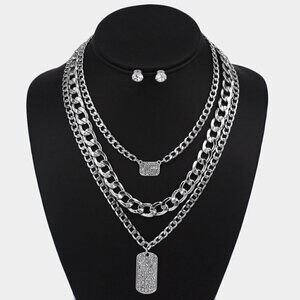 NEW 3 Pcs Silver Rhinestone Dog Tag Army Chunky Chain Necklace
